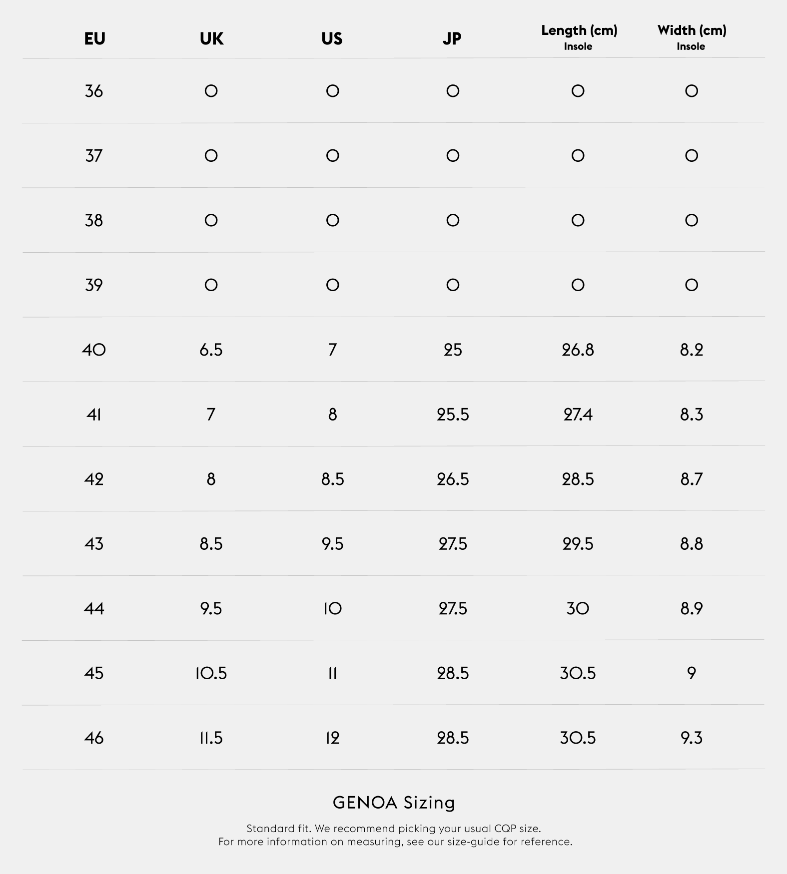 Genoa size guide