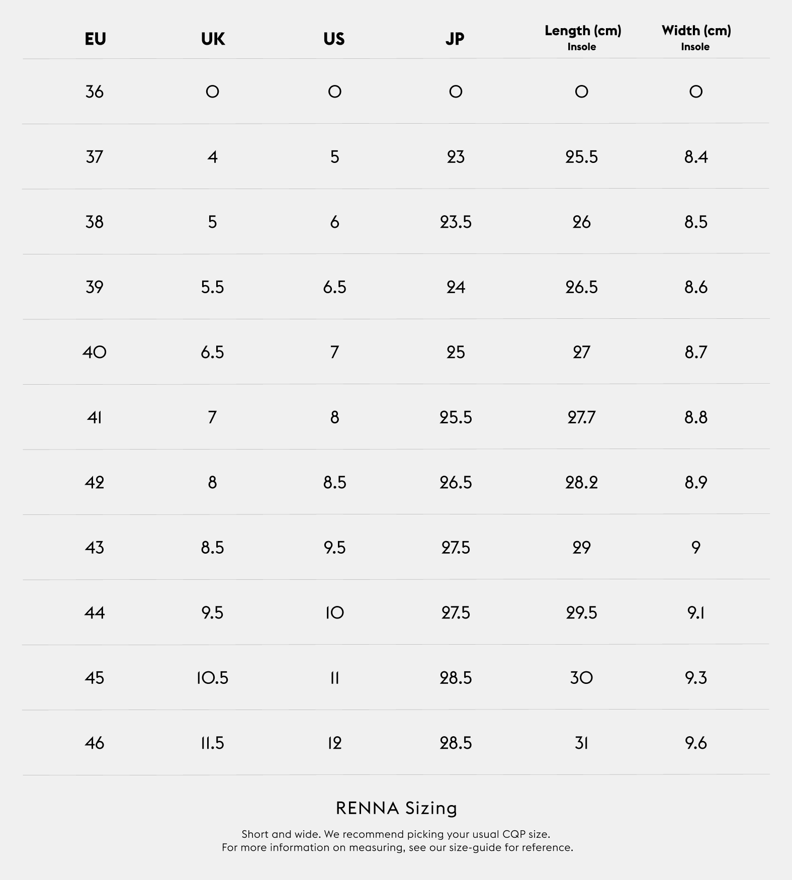RENNA size guide