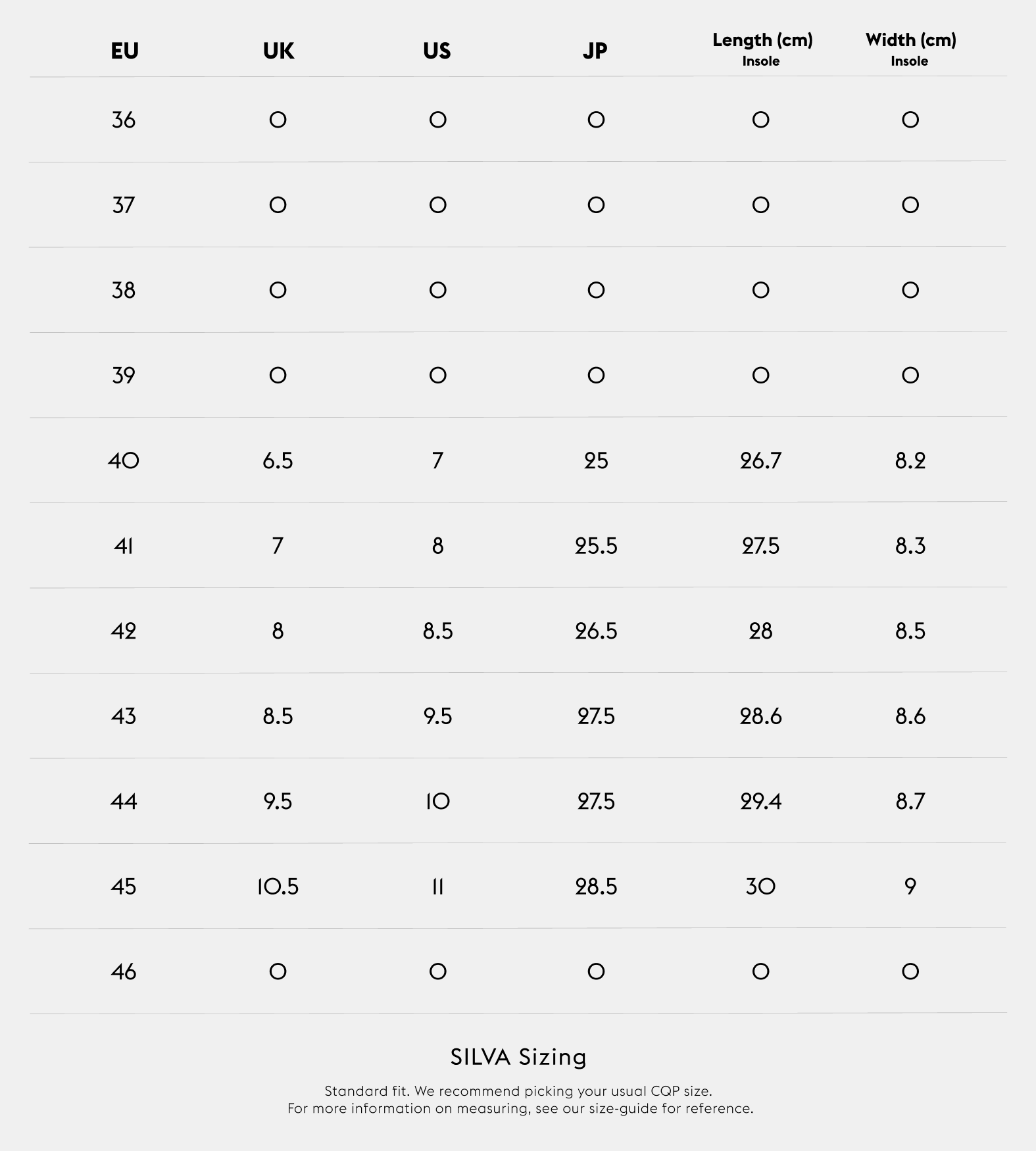 SILVA size guide