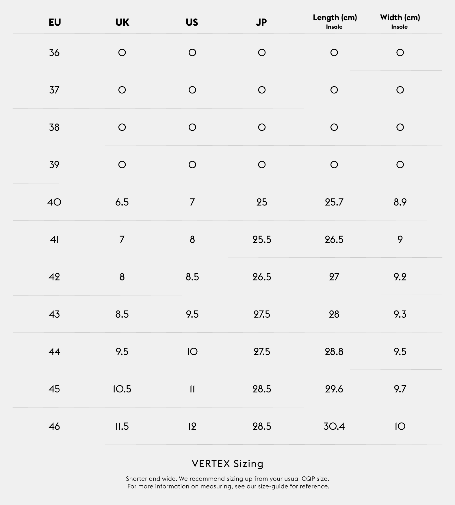 VERTEX size guide